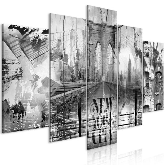 Schilderij - New York City Collage (5 Parts) Wide Black and White