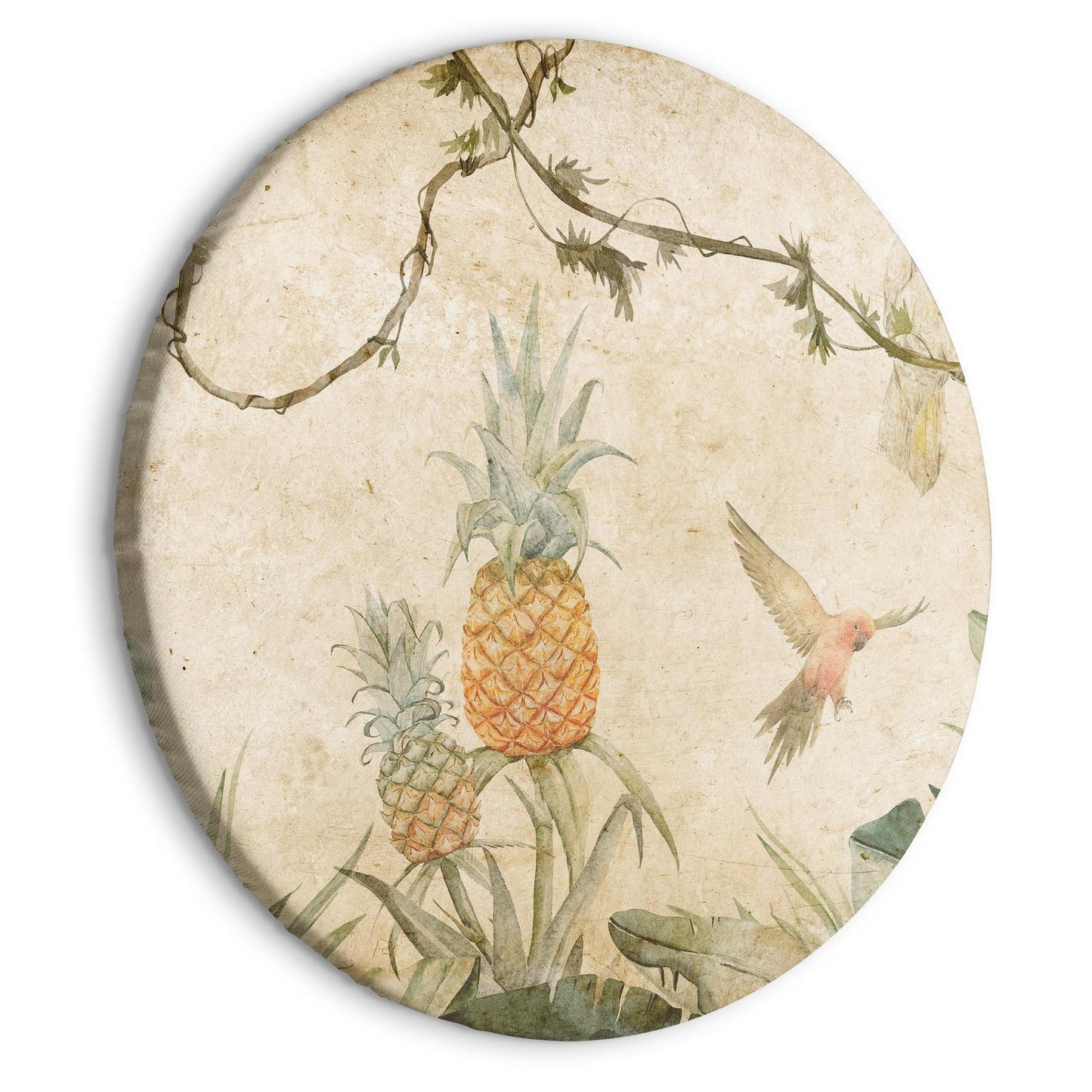 Rond schilderij - Tropics in muted colors - Parrots and pineapples amidst lush exotic flora in soft shades of green/Parrots in the jungle