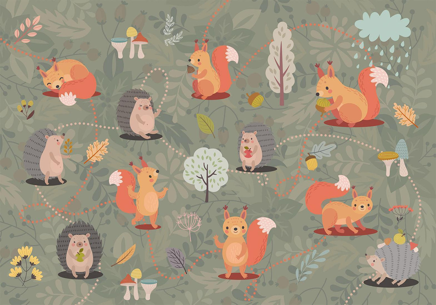 Photo wallpaper - Friends from the forest - colorful forest with mushrooms and animals for children