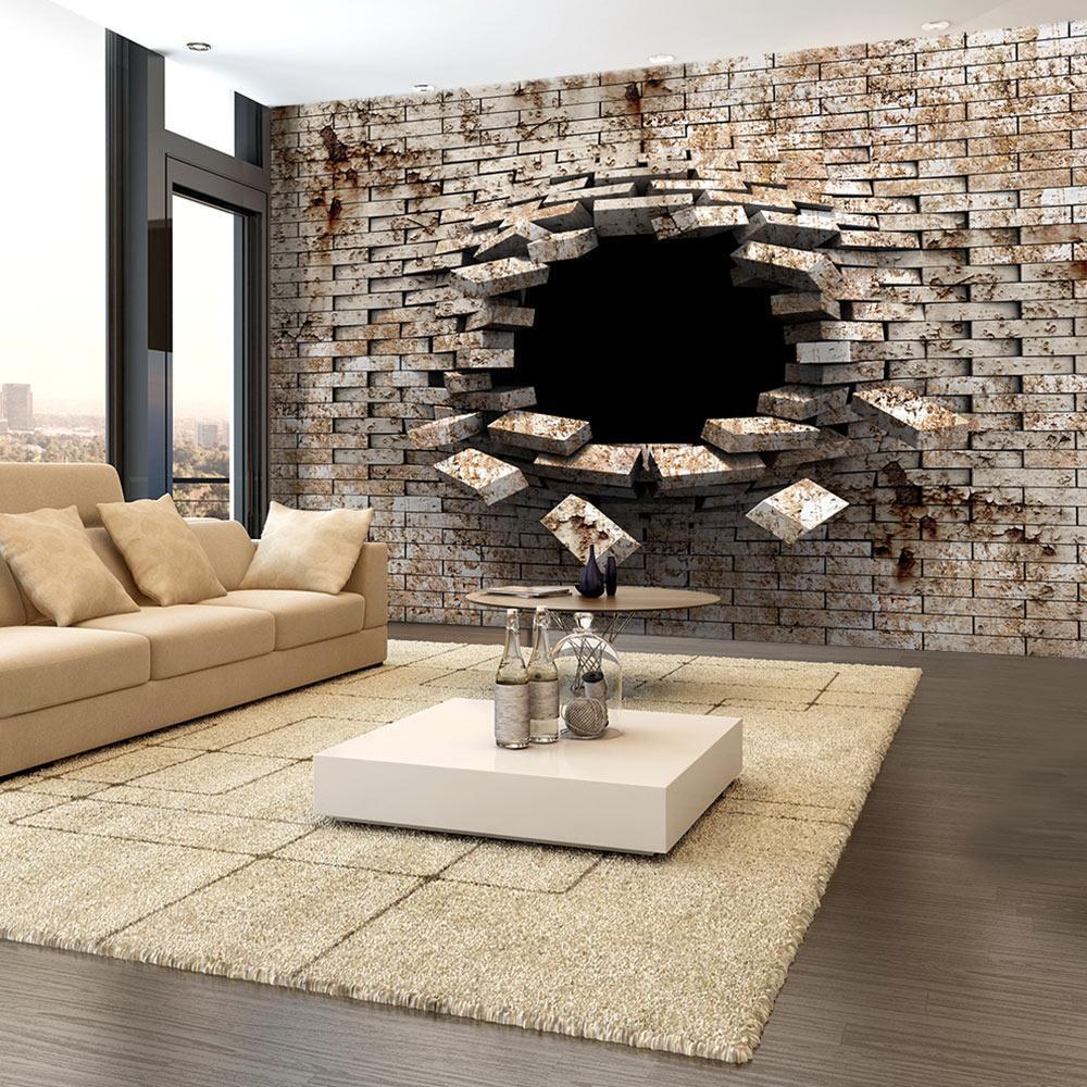 Fotobehang - 3D Wall Entry - Background with Dirty White Brick with a Prominent Hole