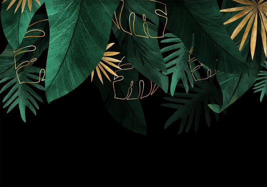 Fotobehang - Jungle and composition - motif of green and golden leaves on a black background
