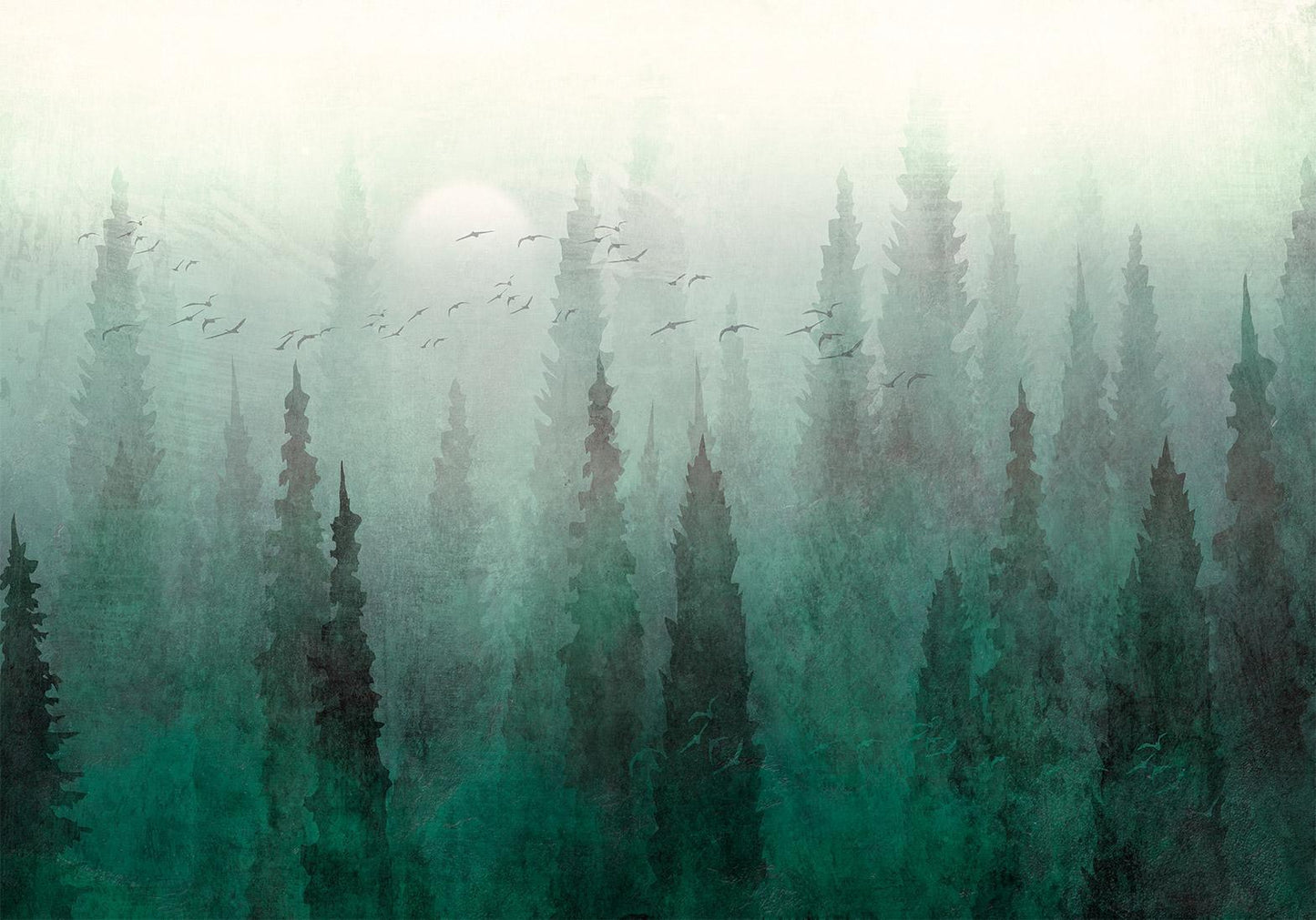 Fotobehang - Bird's eye perspective - landscape of a green forest with trees in the mist