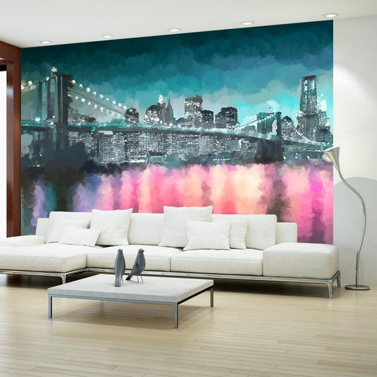 Fotobehang - Painted New York - Nighttime Architecture against the Background of the Brooklyn Bridge
