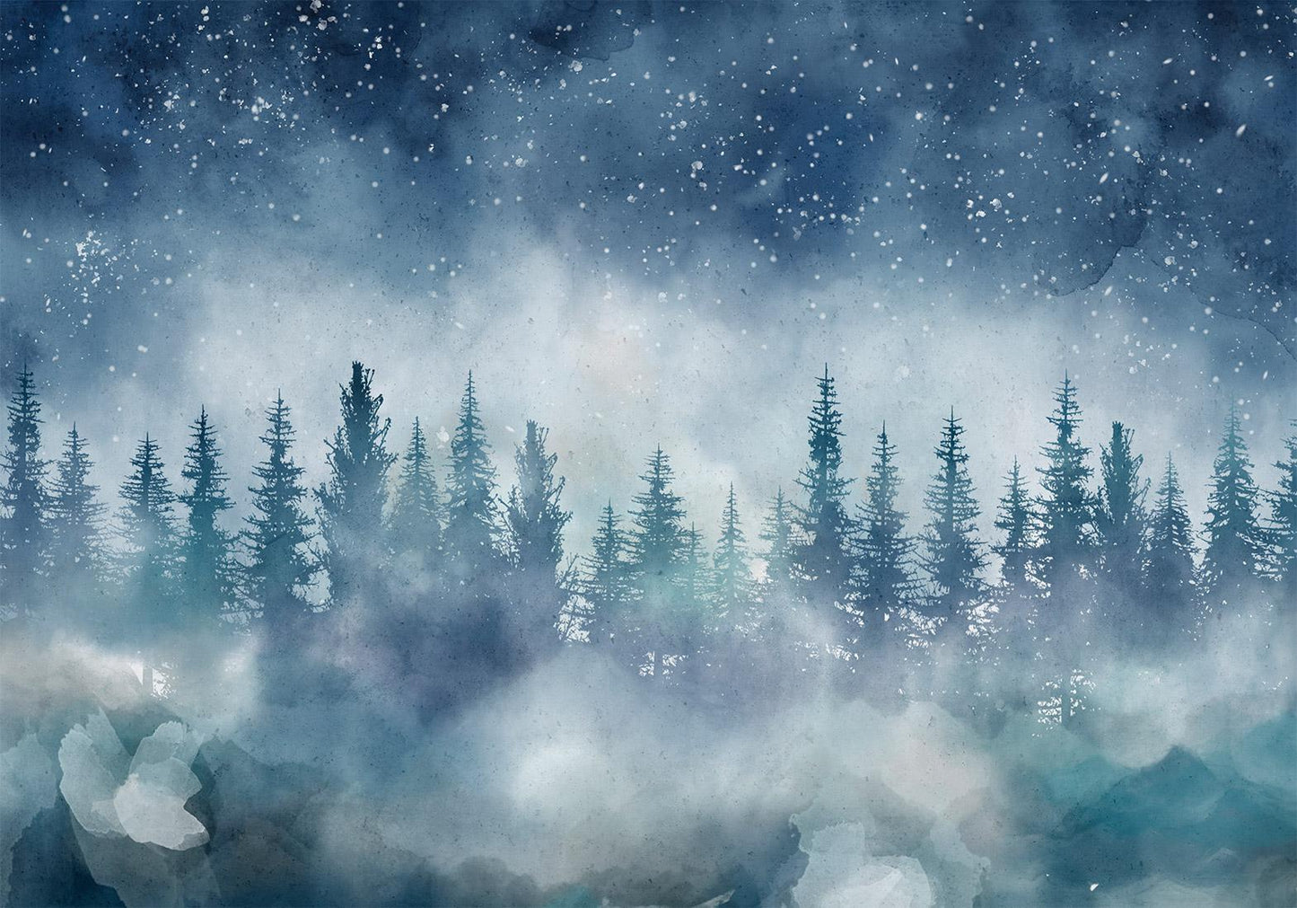 Fotobehang - Night landscape - landscape of a misty forest at night with a starry sky
