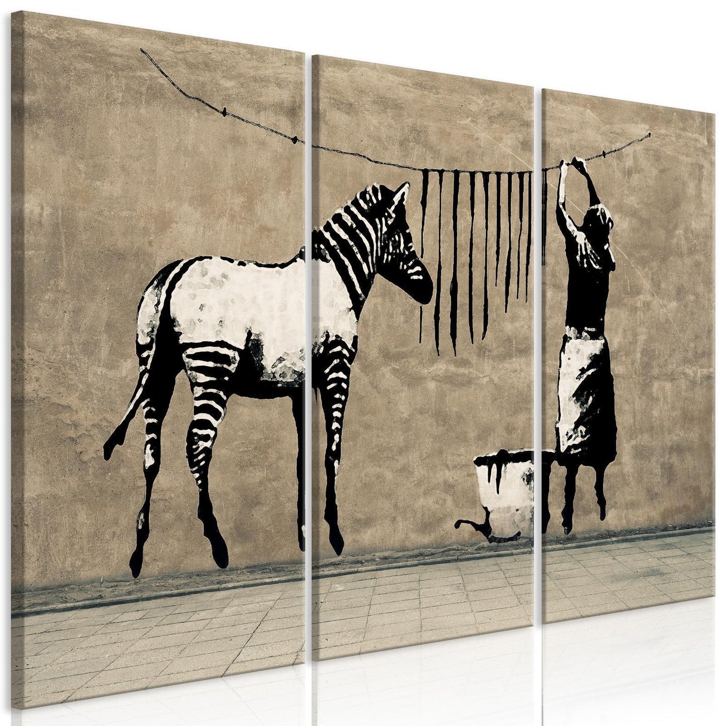 Schilderij - Banksy: Washing Zebra on Concrete (3 Parts)