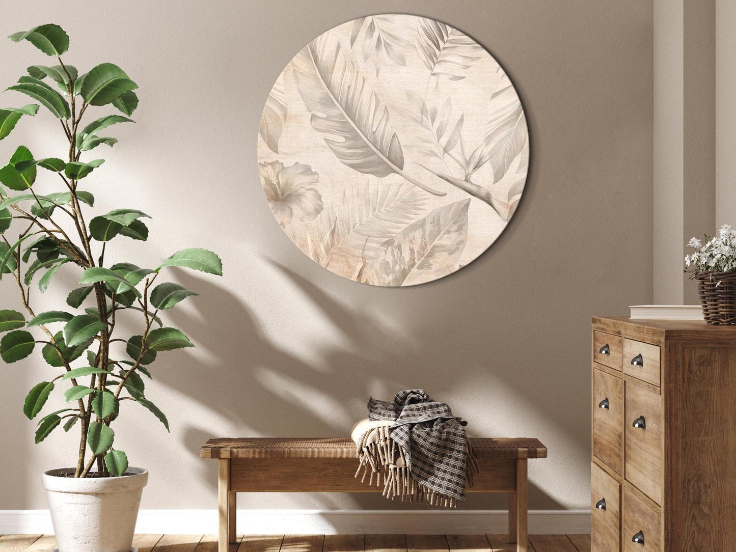 Rond schilderij - A multitude of exotic leaves and flowers - A subtle composition of tropical plant species maintained in sepia tones/Tropics in sepia
