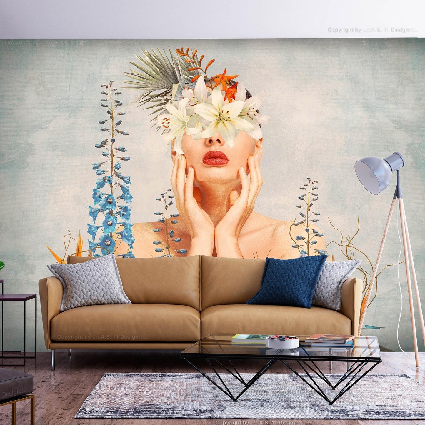 Fotobehang - Nature in thought - female figure among flowers on a patterned background