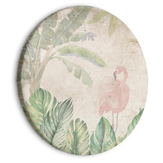Rond schilderij - Birds wading among exotic flora - Flamingos amidst lush tropical vegetation in soft pastel shades of green/Birds in the jungle