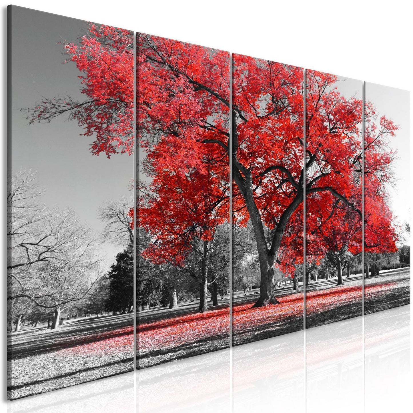 Gemälde - Herbst im Park (5 Teile) schmales Rot