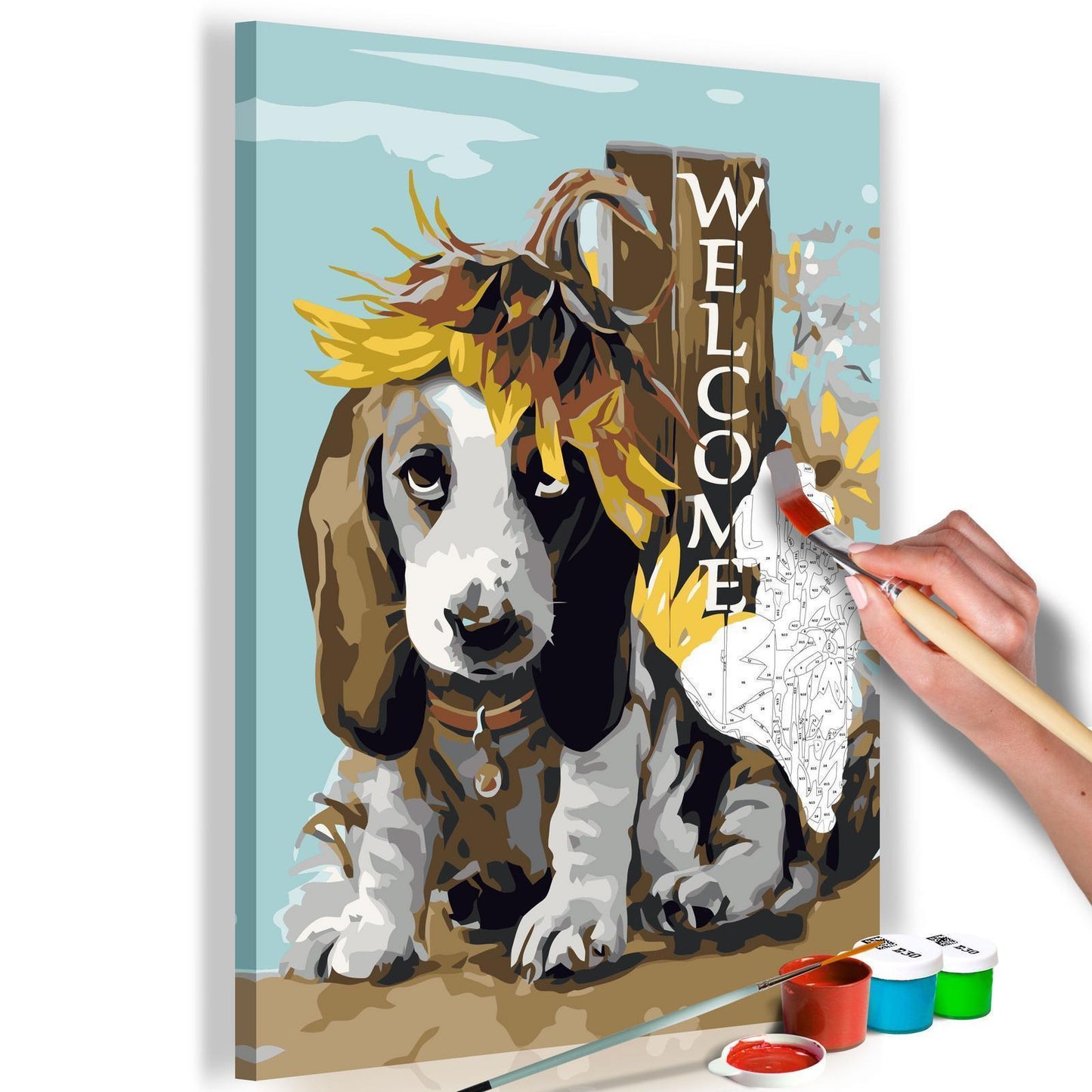 DIY-Leinwandgemälde – Hund und Sonnenblumen 