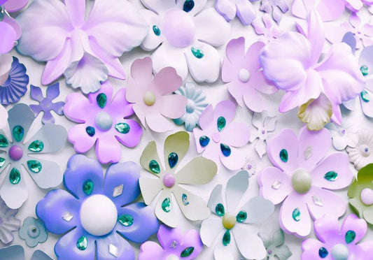 Fototapete - Blumenmotiv - lila Komposition mit Schmuck auf hellem Hintergrund