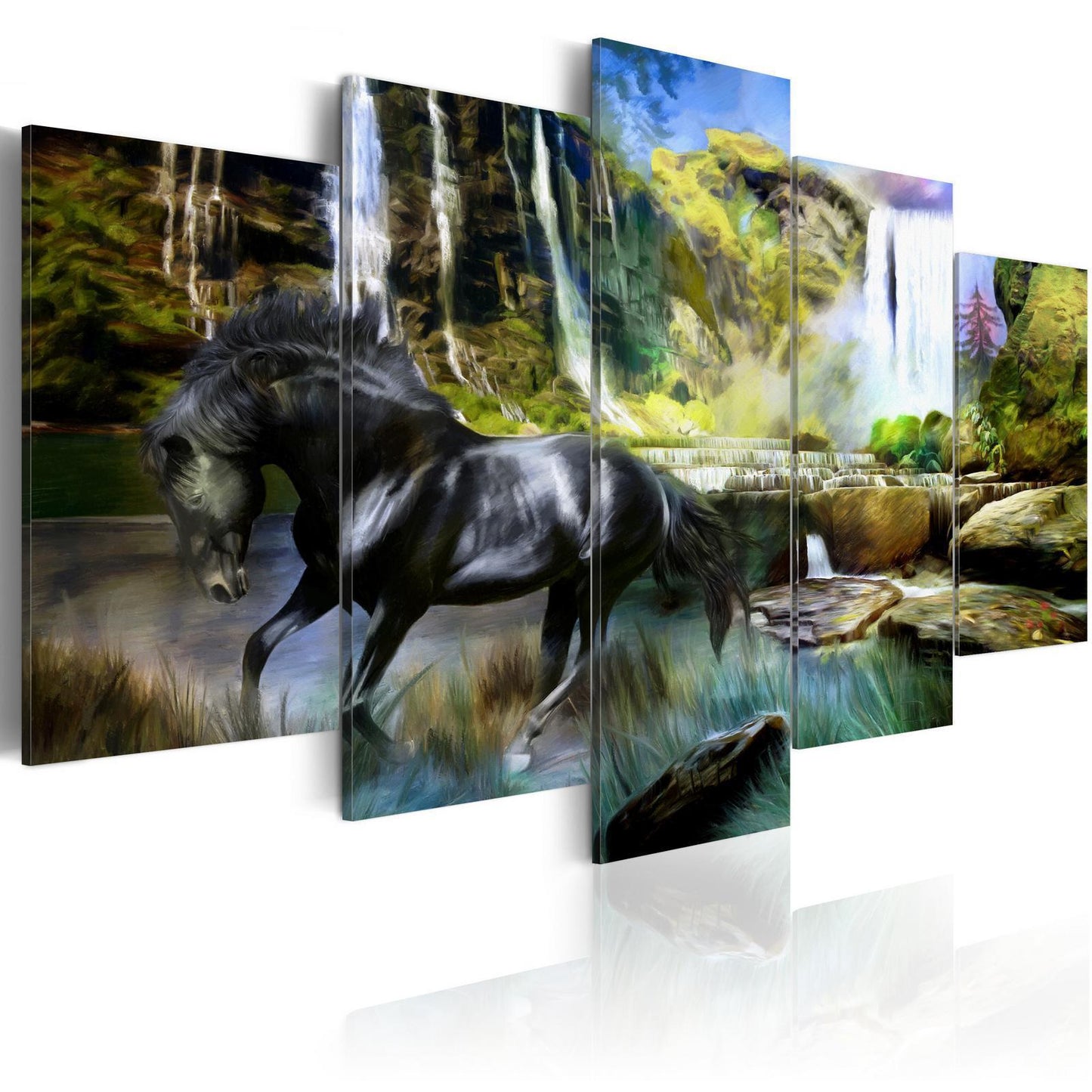 Schilderij - Black horse on the background of paradise waterfall