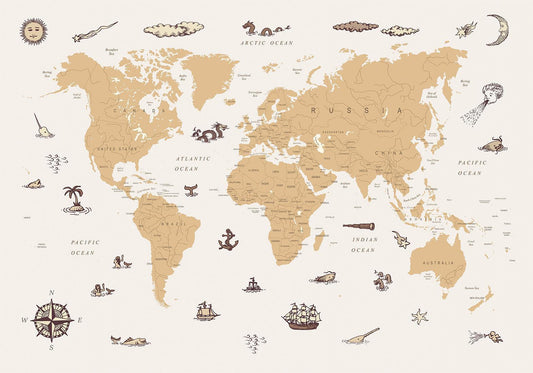 Fotobehang - Sea Wolf Map - Countries With Pirate Illustrations